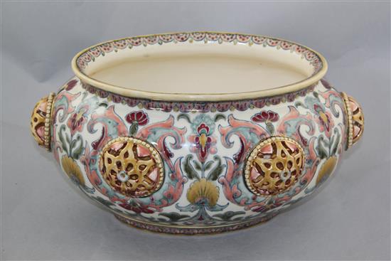 A Zsolnay Pecs pottery Persian inspired oval jardiniere, late 19th century, 29cm, slight restorations